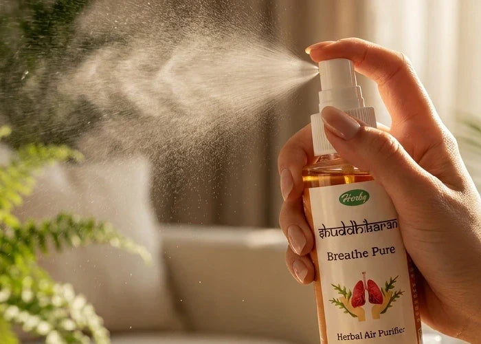 A hand misting an herbal air cleaner spray in a sunlit living room.