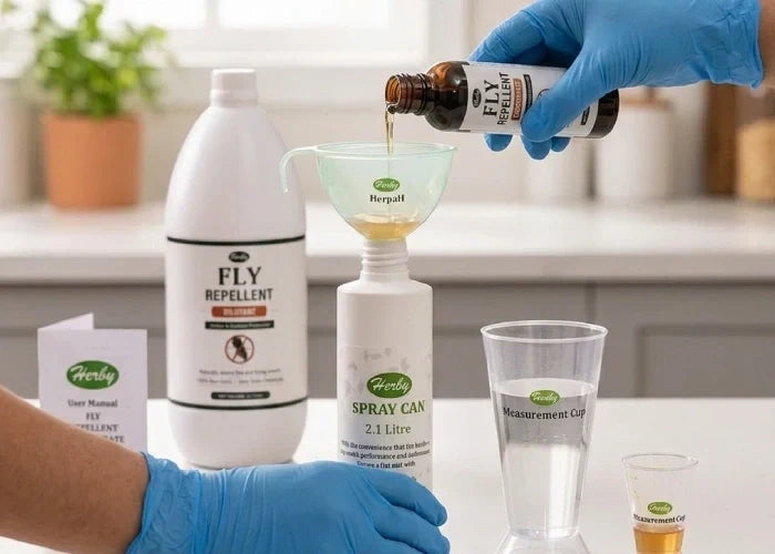 Diluting herbal fly repellent concentrate in a spray bottle for safe indoor fly control