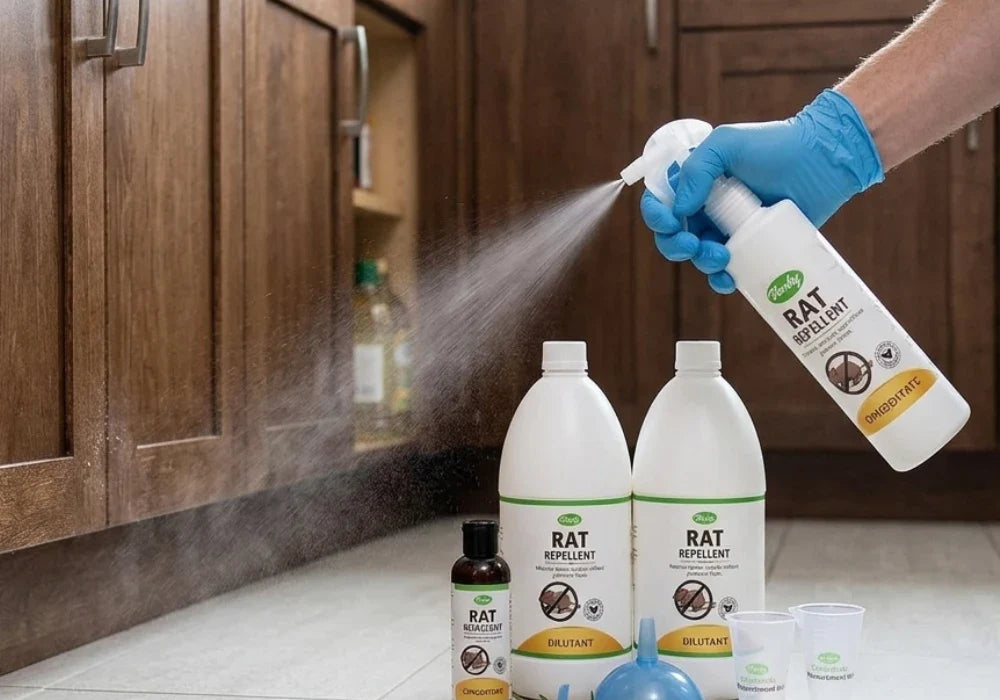  A bottle of herbal rat spray being applied near kitchen cabinets for natural repellent protection.