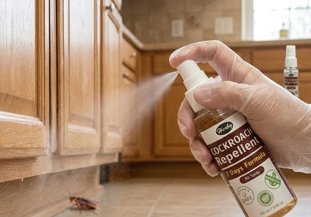 Spraying a safe roach spray along kitchen baseboards for cockroach control.