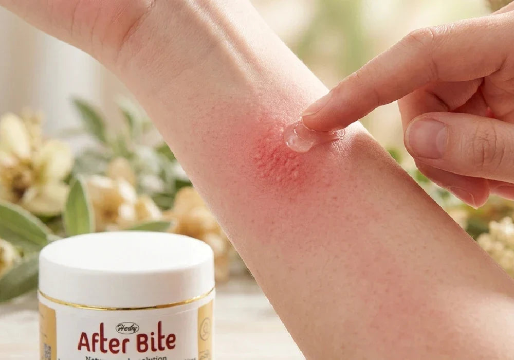 close up view of a red insect bite on a person with sensitive skin being treated with after bite  gel