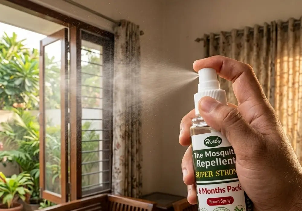 Spraying herbal mosquito repellent for home protection