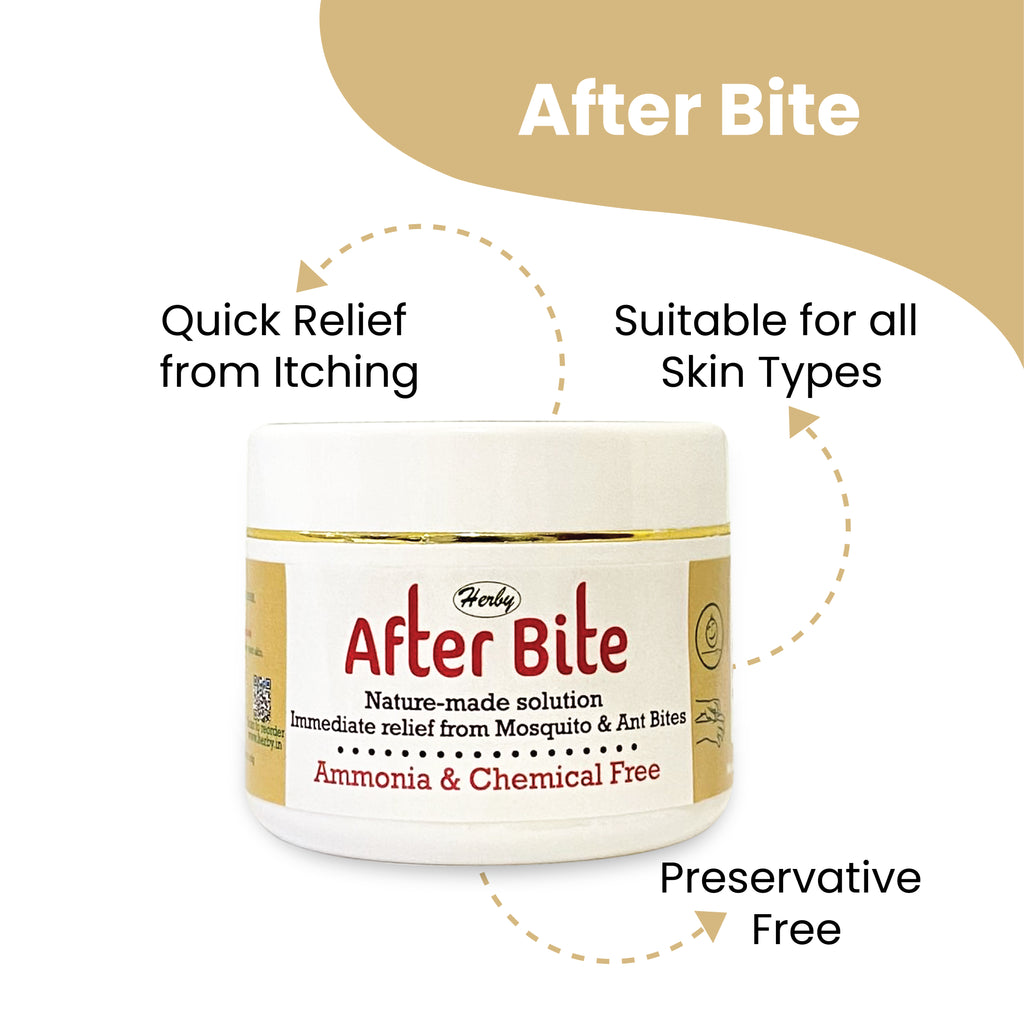 Infographic on Herby After Bite jar showing quick itch relief, all skin types suitability, and preservative-free.