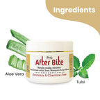 Herby After Bite jar shown with fresh aloe vera leaves and tulsi sprigs highlighting its key natural ingredients.