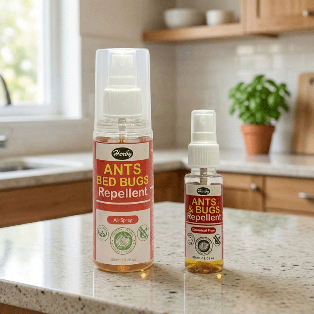 Herby Ants and Bugs Repellent spray bottles in two sizes displayed on a bright kitchen counter with soft decor.