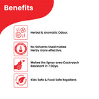 Herby Ants and Bugs Repellent benefits graphic highlighting herbal aroma, stain-free use and household protection.