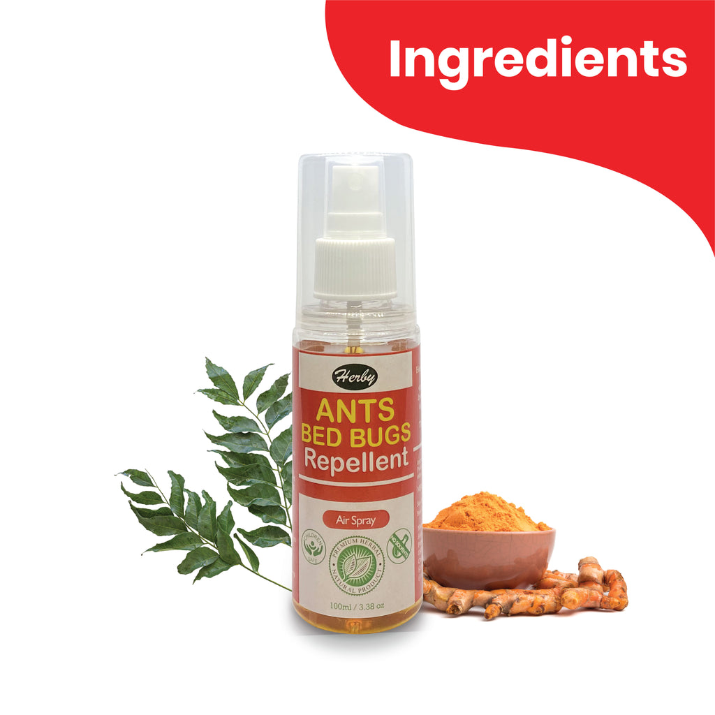 Herby Ants and Bugs Repellent ingredient graphic with herbal ingredients displayed beside the white spray bottle.