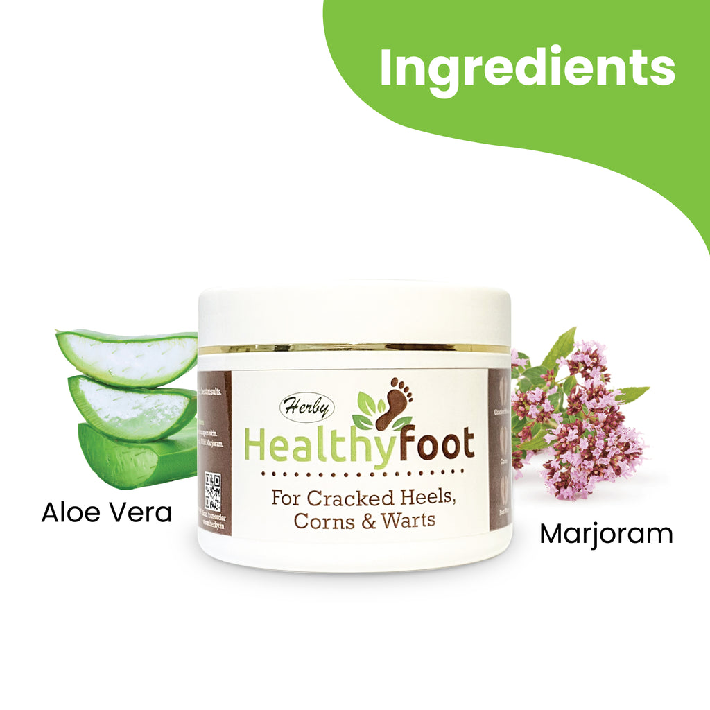 Herby Healthy Foot cream ingredient graphic featuring aloe vera and marjoram beside the foot care product jar.