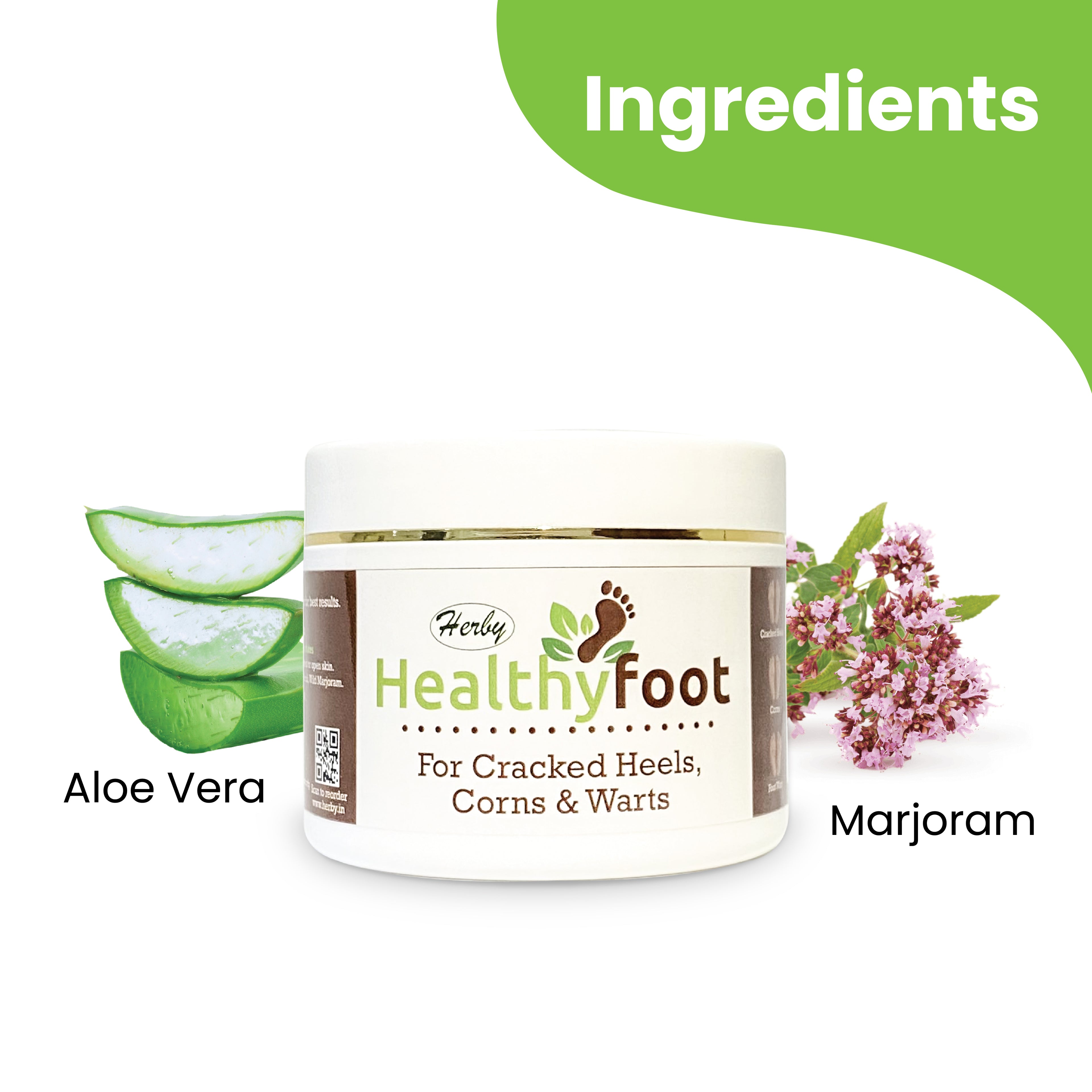Herby Healthy Foot cream ingredient graphic featuring aloe vera and marjoram beside the foot care product jar.