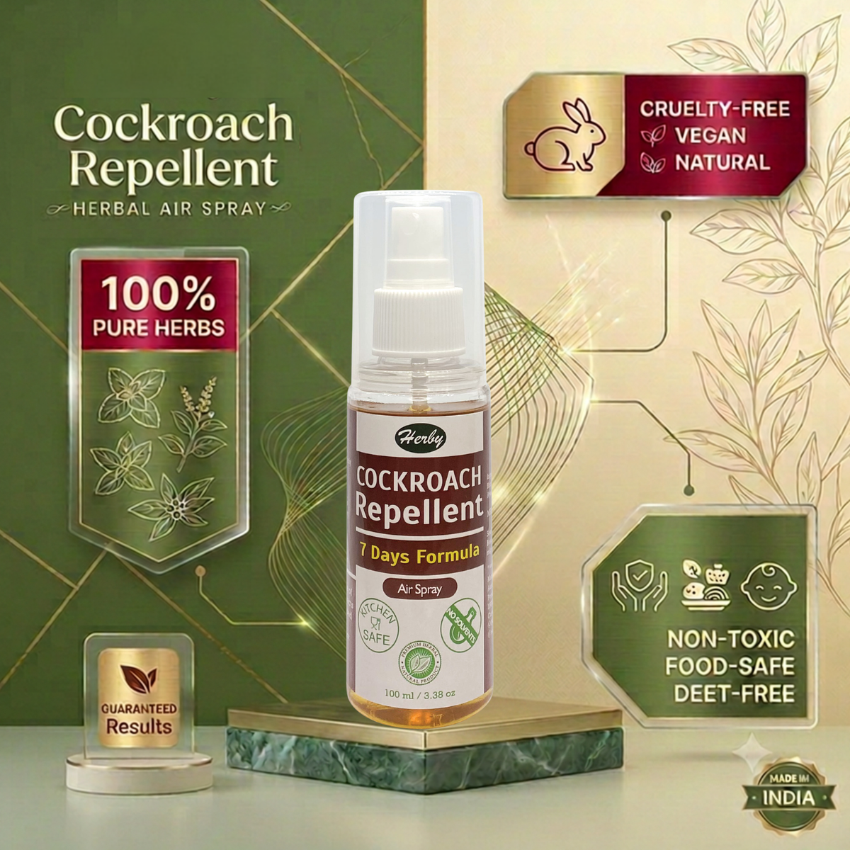 Promotional graphic for Herby Cockroach Repellent highlighting pure herbs, cruelty-free, vegan, and DEET-free formula.