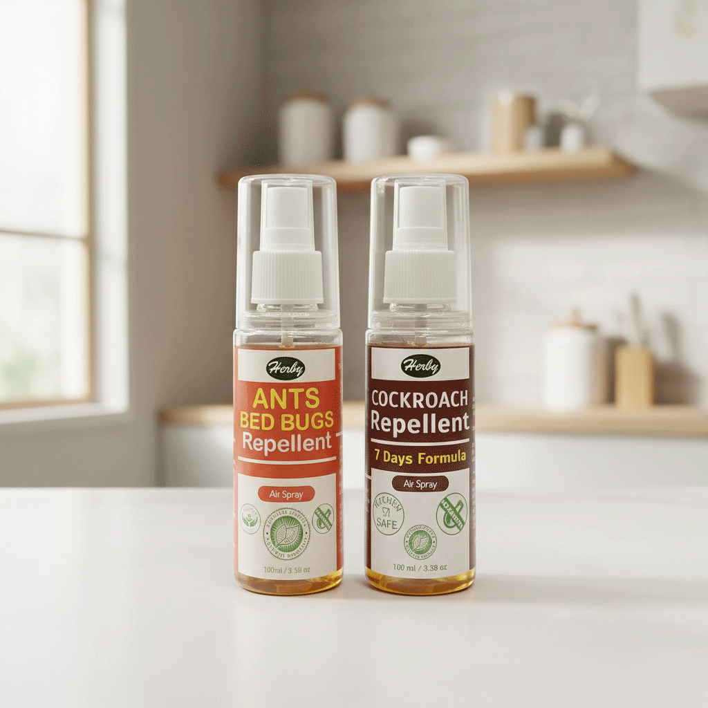 Two Herby air spray bottles side by side - Ants & Bed Bugs Repellent and Cockroach Repellent (7 Days Formula) - on a kitchen counter