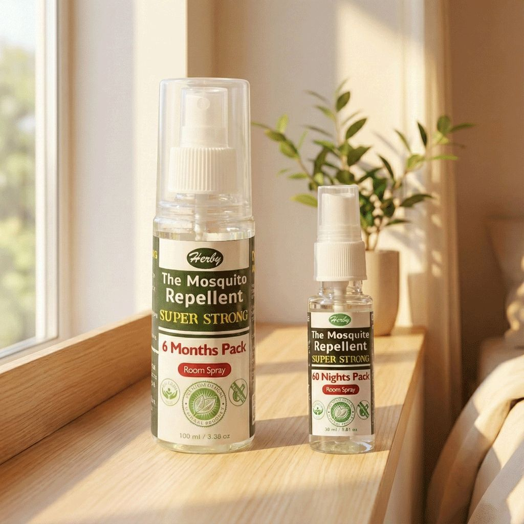Herby Best Mosquito Repellent Super Strong bottles, 100ml and 30ml sizes, displayed on a sunlit windowsill with a plant.