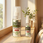 Herby Best Mosquito Repellent Super Strong bottles, 100ml and 30ml sizes, displayed on a sunlit windowsill with a plant.