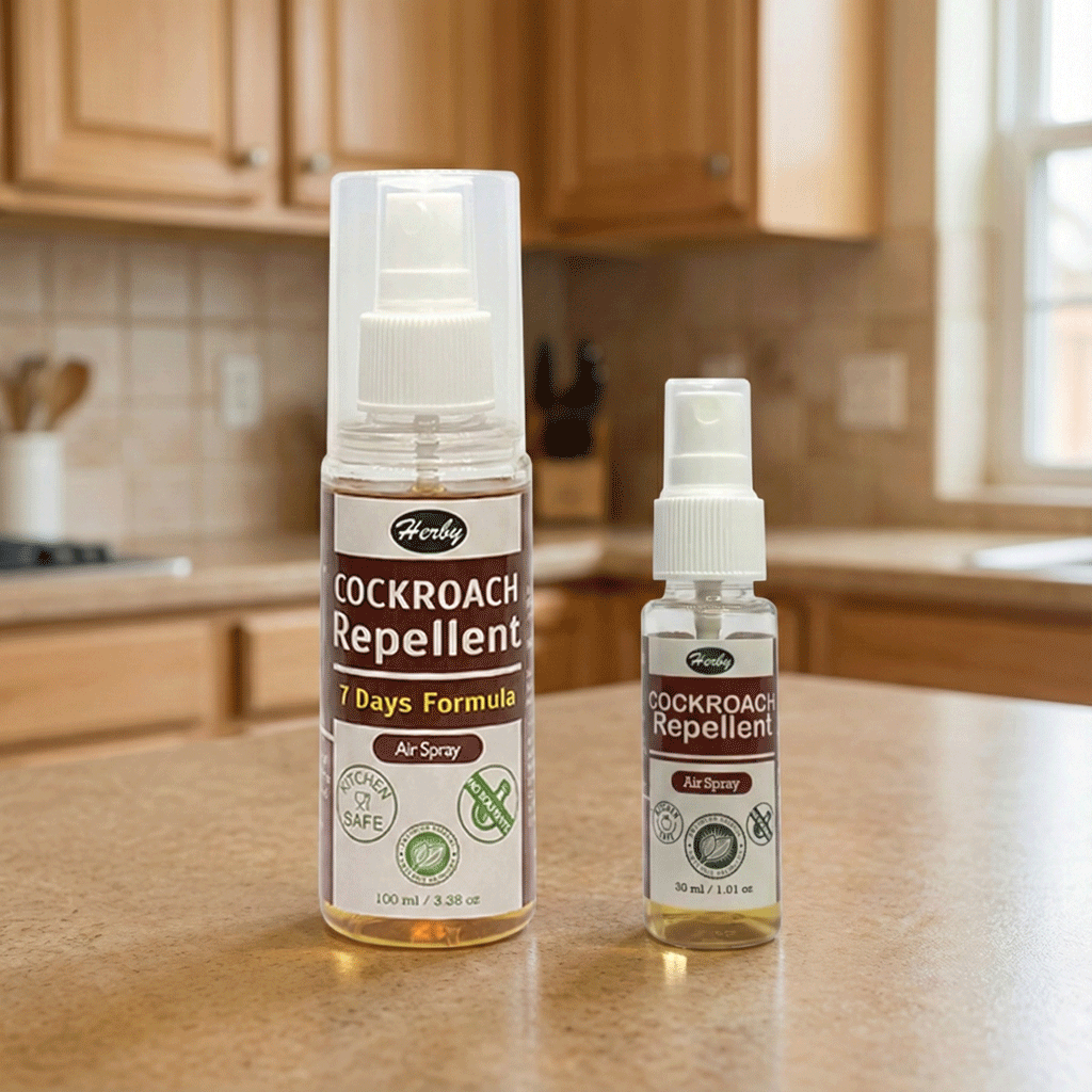 Herby Cockroach Repellent spray bottles, 100ml and 30ml sizes, displayed together on a kitchen countertop.