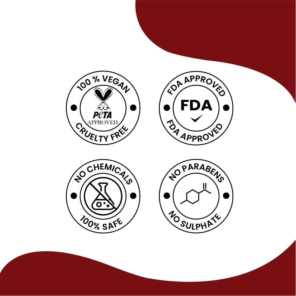Set of certification logos including 100% Vegan, Cruelty Free, FDA Approved, No Chemicals, 100% Safe, No Parabens, and No Sulphate for Herby Cockroach Repelllent