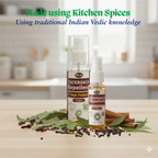 Herby Cockroach Repellent spray bottles surrounded by its ingredients like Pudina, Kapur, Ajwain, Neem