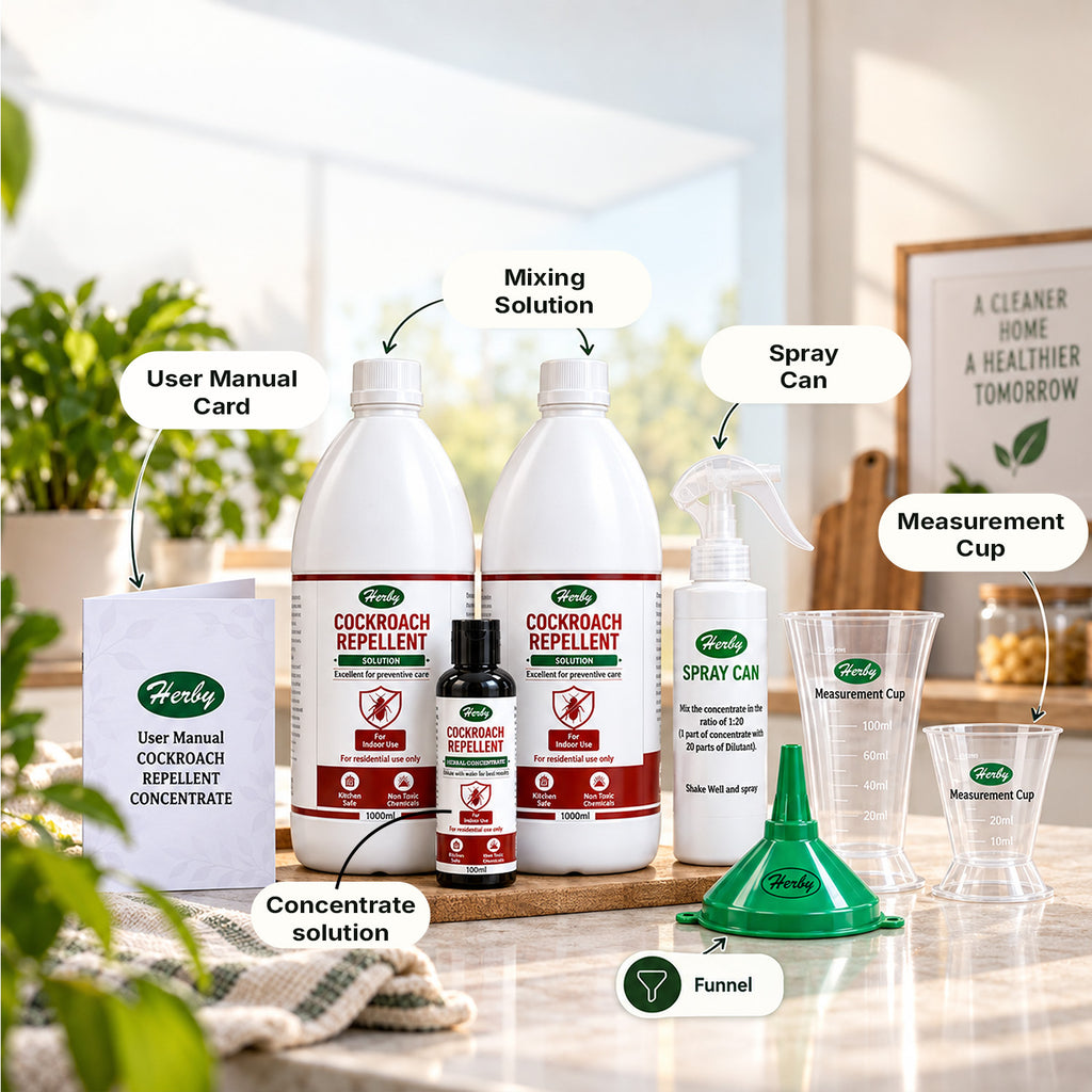 Herby cockroach repellent concentrate bottles and spray equipment