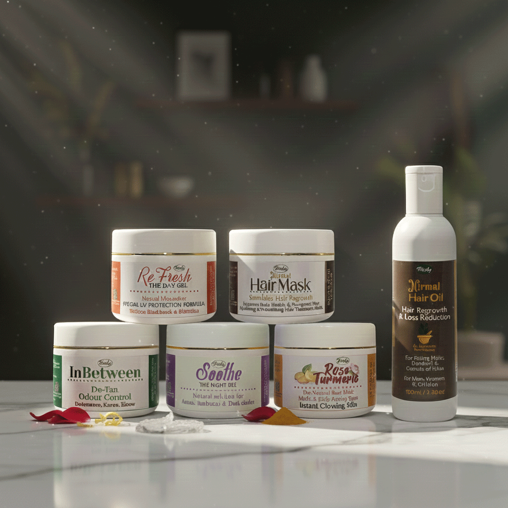 Five Herby body care products - Re Fresh Day Gel, Herbal Hair Mask, InBetween De-Tan Odour Control, Soothe Night Gel, and Rose Turmeric jars — with a Nirmal Hair Oil bottle, styled on a marble counter
