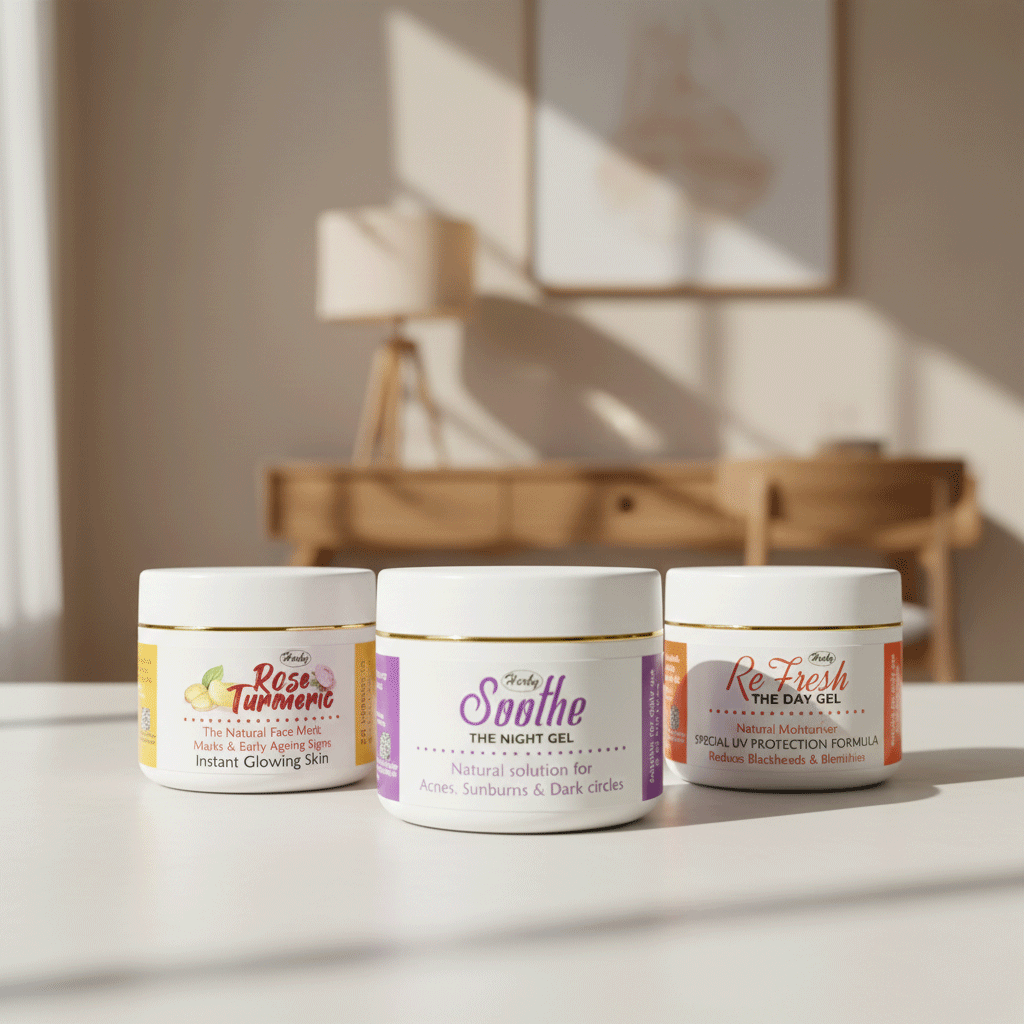 Three Herby face care jars - Rose Turmeric Face Melt, Soothe the Night Gel, and Re Fresh the Day Gel - arranged on a white tabletop in a sunlit room