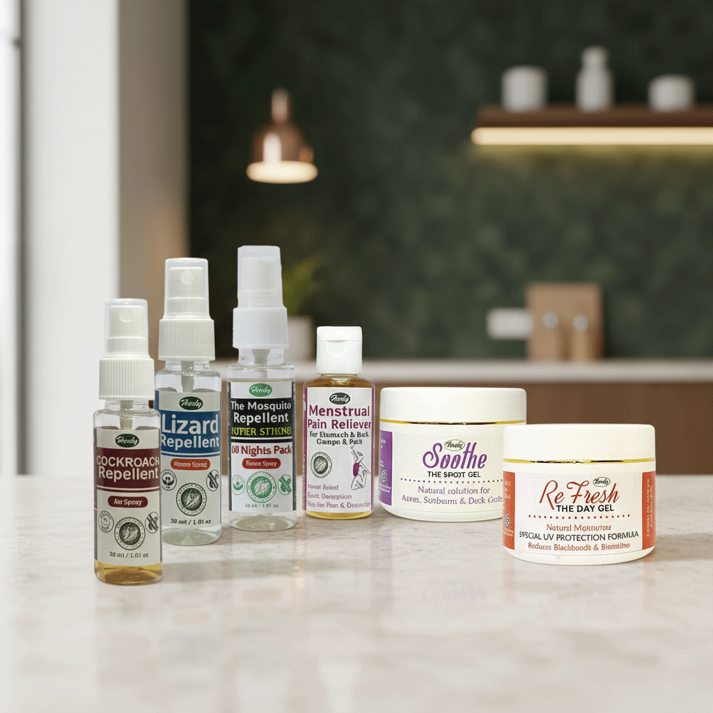 Six Herby home care products including Cockroach Repellent, Lizard Repellent, Mosquito Repellent, Menstrual Pain Reliever, Soothe Spot Gel, and Re Fresh Day Gel, lined up on a kitchen counter