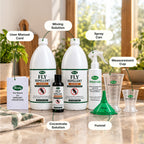 Herby fly repellent concentrate bottles and spray equipment
