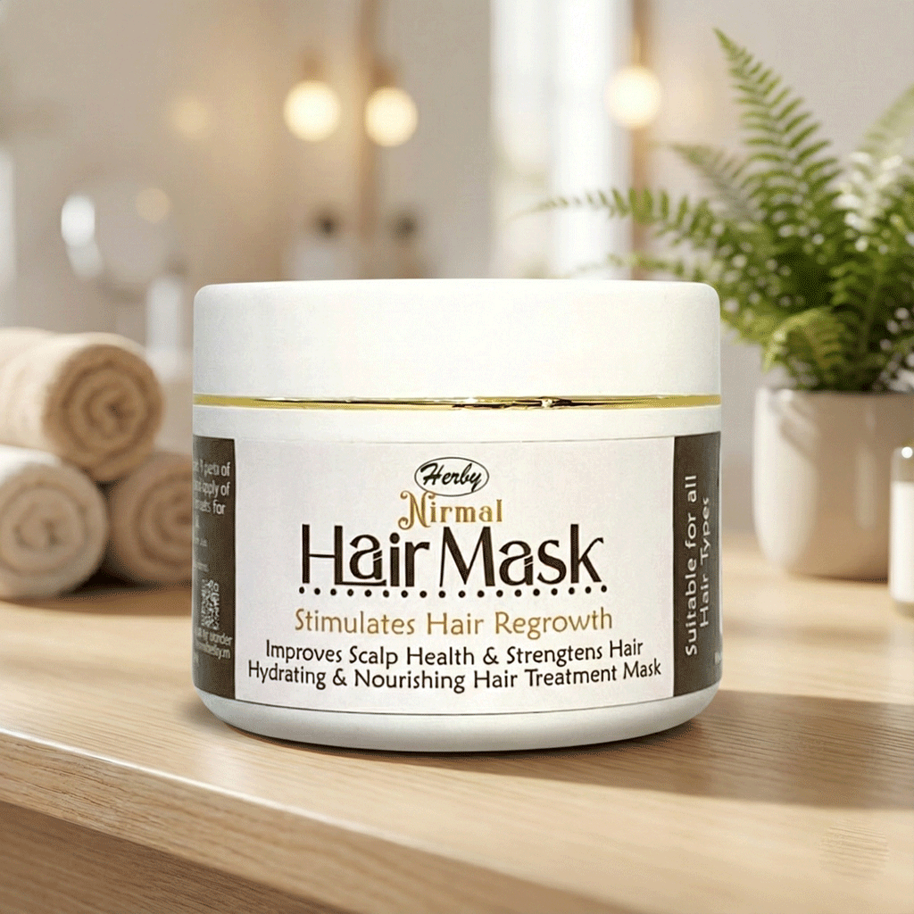 Herby Hair Mask jar displayed in a warm bathroom setting with folded towels, greenery and natural wooden decor.