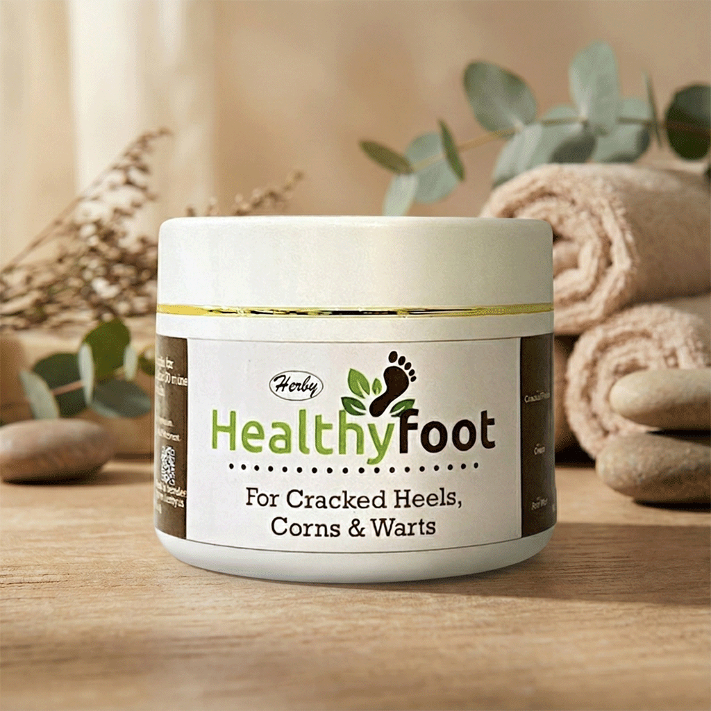 Herby Healthy Foot cream jar displayed in a relaxing bathroom setting with towels, plants and neutral natural decor.