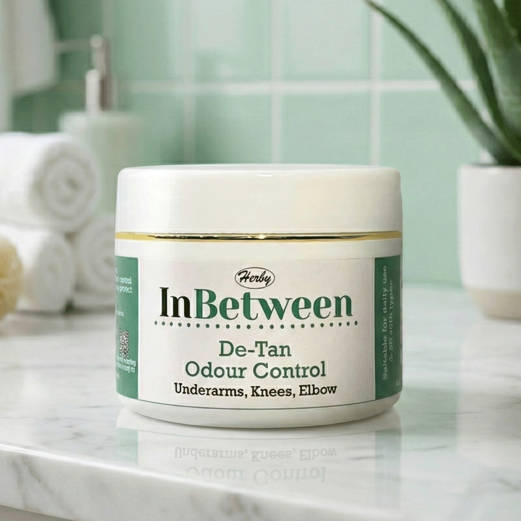 Herby InBetween De-Tan cream jar displayed in a clean bathroom setting with soft green tiles and minimal decor.