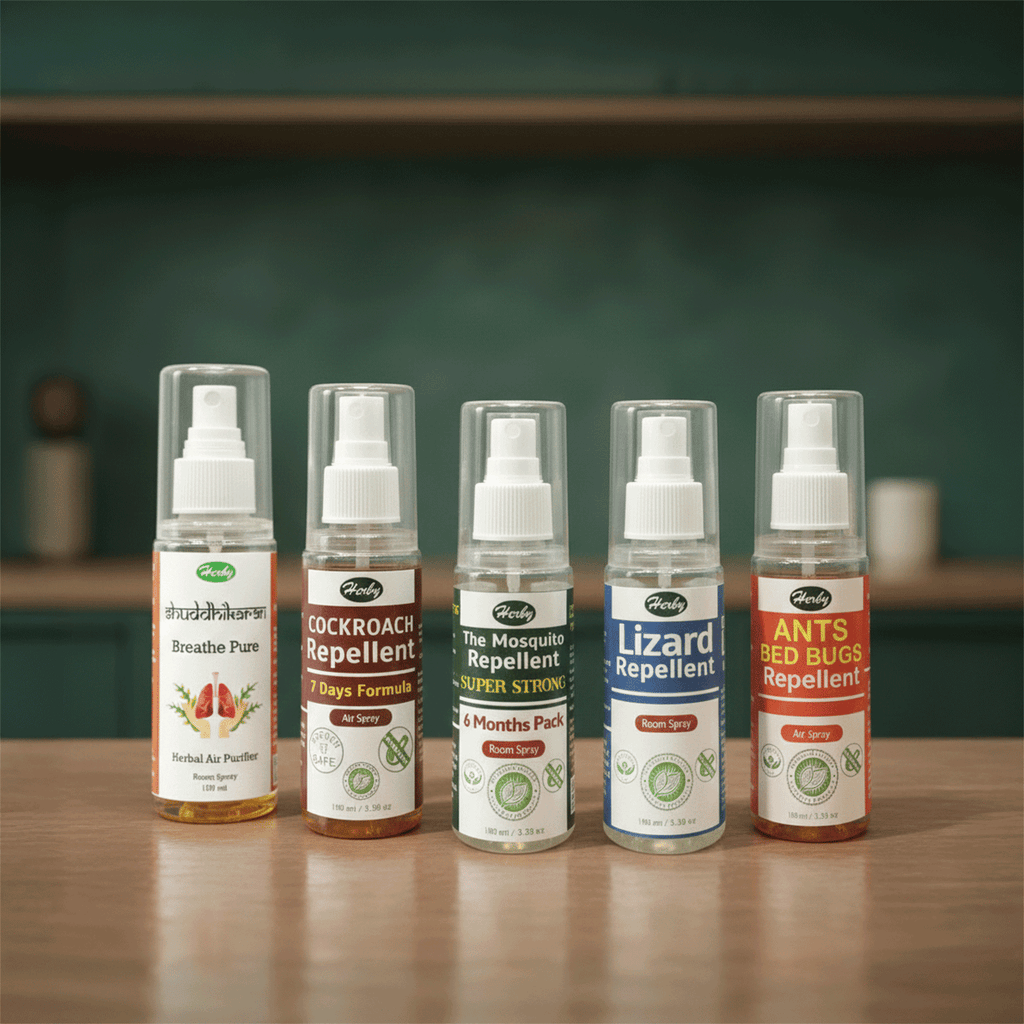 Five Herby spray bottles - Shuddhikaran Herbal Air Purifier, Cockroach Repellent, Super Strong Mosquito Repellent, Lizard Repellent, and Ants & Bed Bugs Repellent - lined up on a wooden table