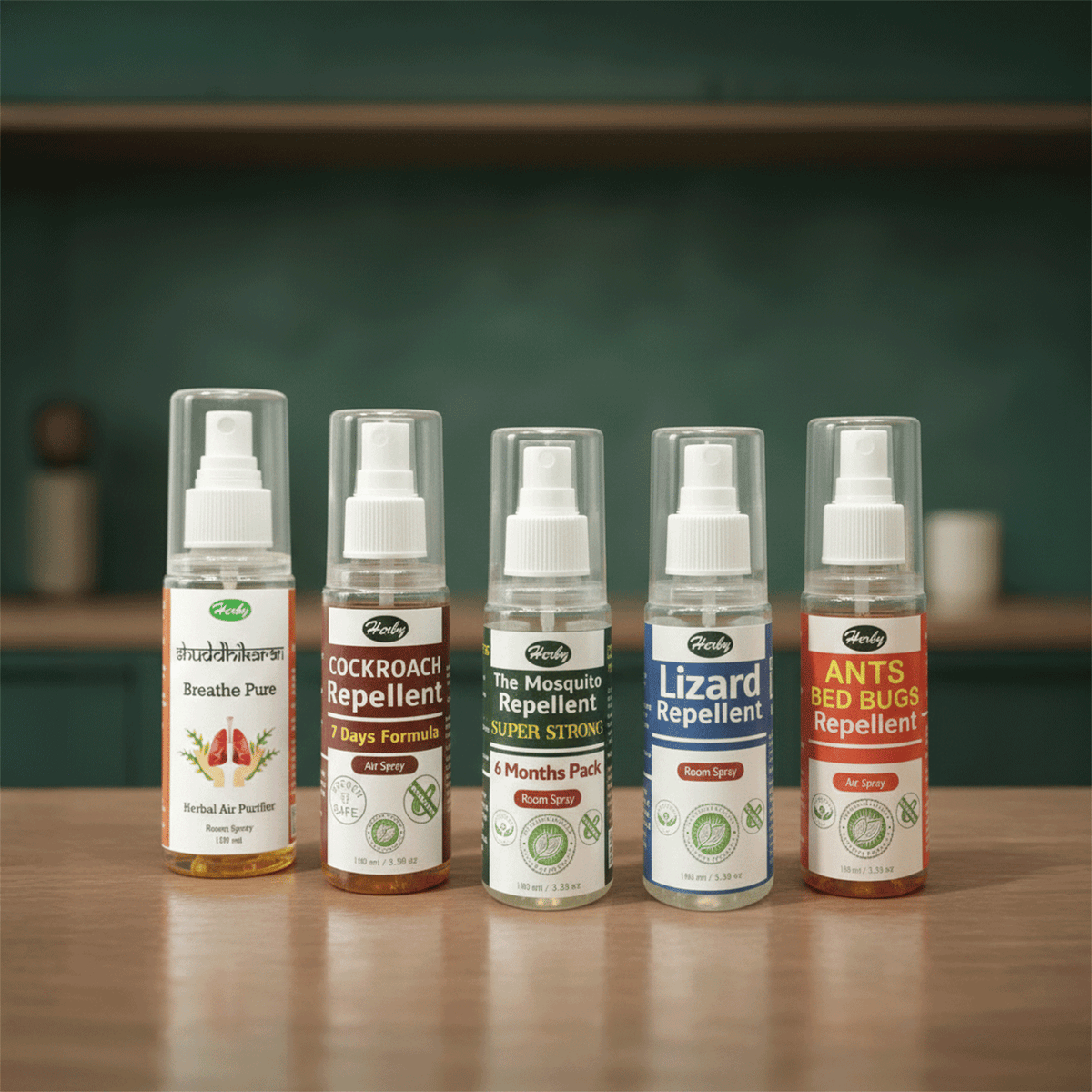 Five Herby spray bottles - Shuddhikaran Herbal Air Purifier, Cockroach Repellent, Super Strong Mosquito Repellent, Lizard Repellent, and Ants & Bed Bugs Repellent - lined up on a wooden table