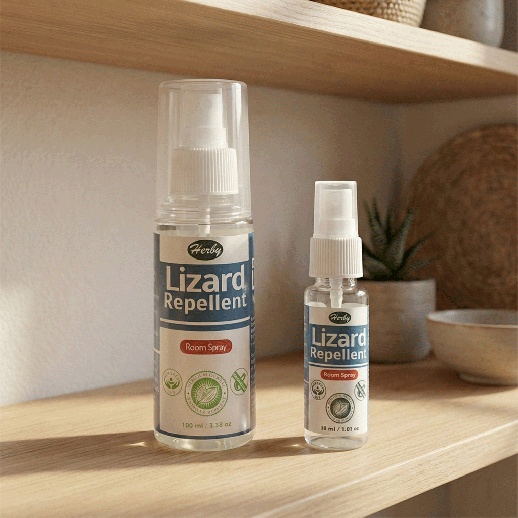 Herby Lizard Repellent spray bottles, 100ml and 30ml sizes, displayed on a wooden shelf beside a small plant.