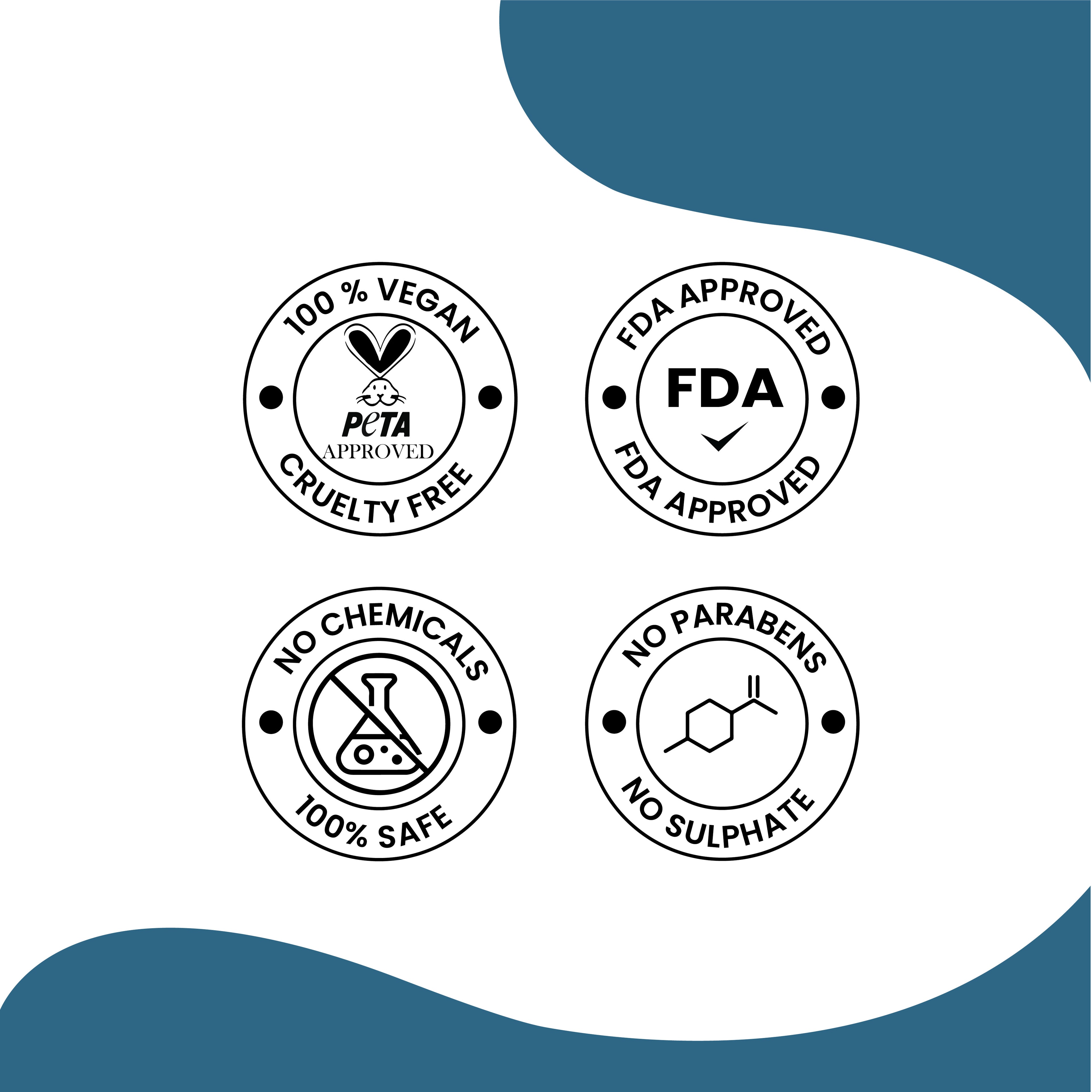 Certification badges for Herby Lizard Repellent showing vegan, FDA approved, chemical-free, and paraben-free claims.