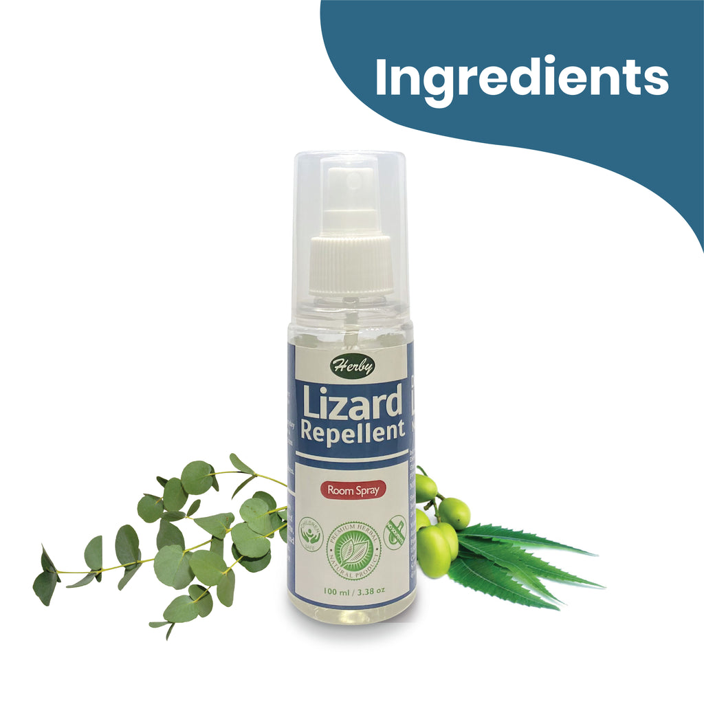 Small ingredients graphic for Herby Lizard Repellent showing the bottle with eucalyptus leaves and a lemon.