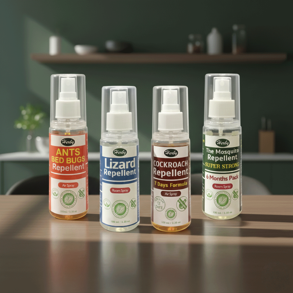 Four Herby spray bottles - Ants & Bed Bugs Repellent, Lizard Repellent, Cockroach Repellent, and Super Strong Mosquito Repellent  standing on a wooden table
