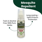 Infographic on Herby Mosquito Repellent showing toxin-free pure herbs and up to eight hours of long-lasting protection.