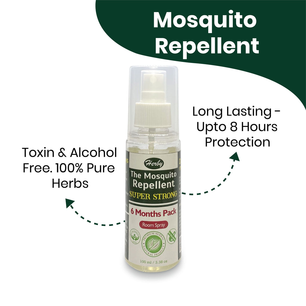 Infographic on Herby Mosquito Repellent showing toxin-free pure herbs and up to eight hours of long-lasting protection.