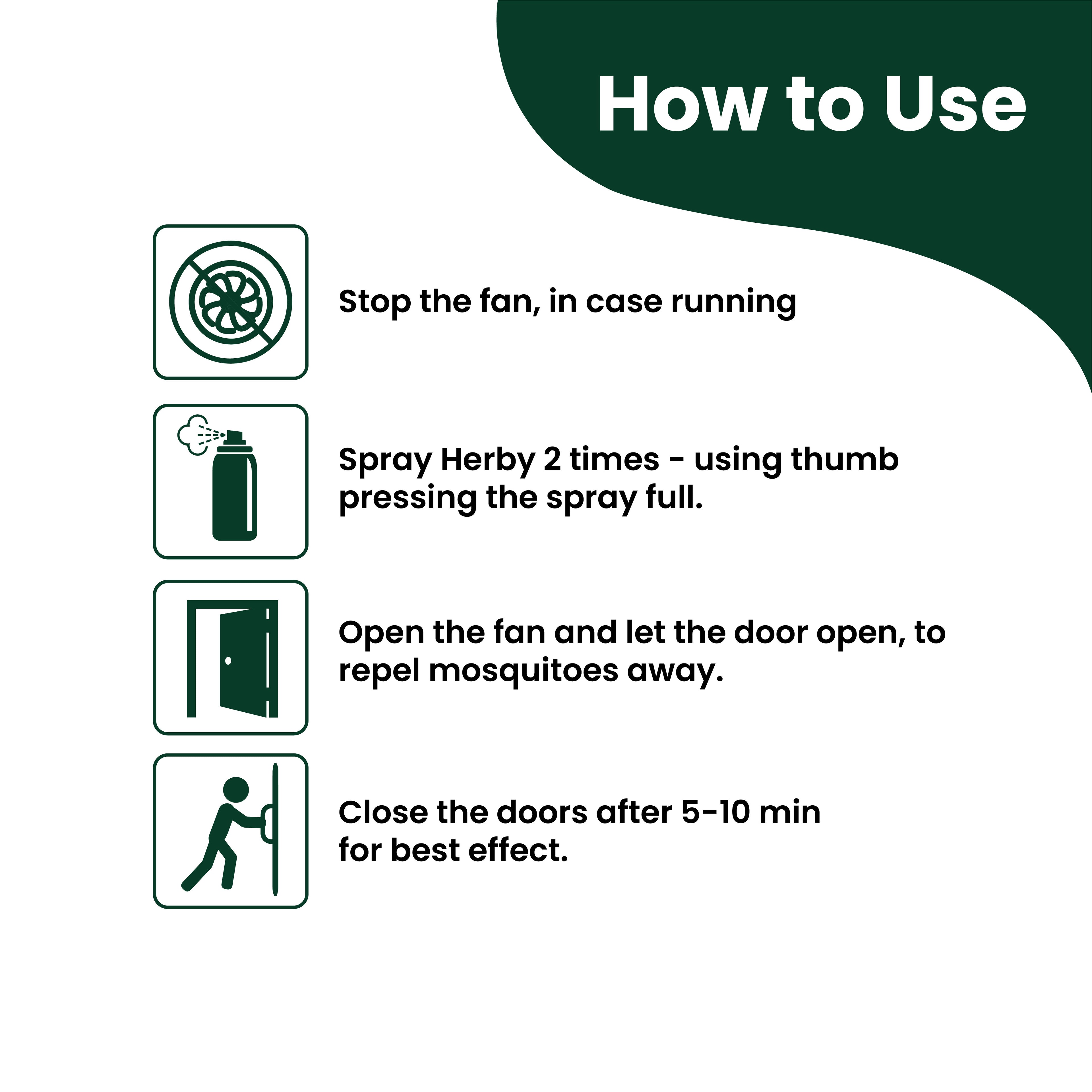 How-to-use steps for Herby Mosquito Repellent showing spraying technique and closing doors for best mosquito control.