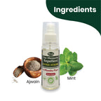 Herby Mosquito Repellent bottle shown with ajwain seeds and fresh mint leaves highlighting its natural ingredients.