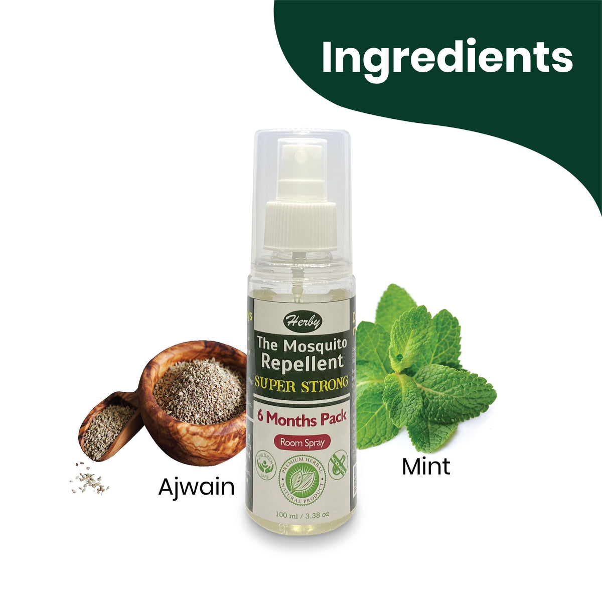 Herby Mosquito Repellent bottle shown with ajwain seeds and fresh mint leaves highlighting its natural ingredients.