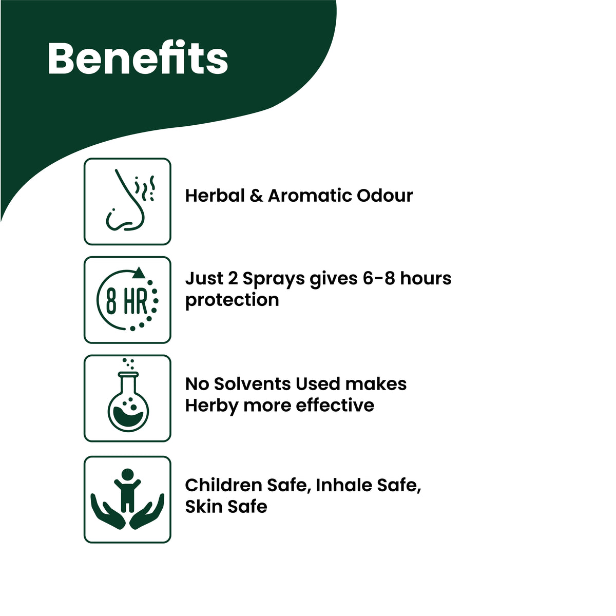 Benefits graphic for Herby Mosquito Repellent showing herbal aroma, eight-hour protection, and child-safe formula.