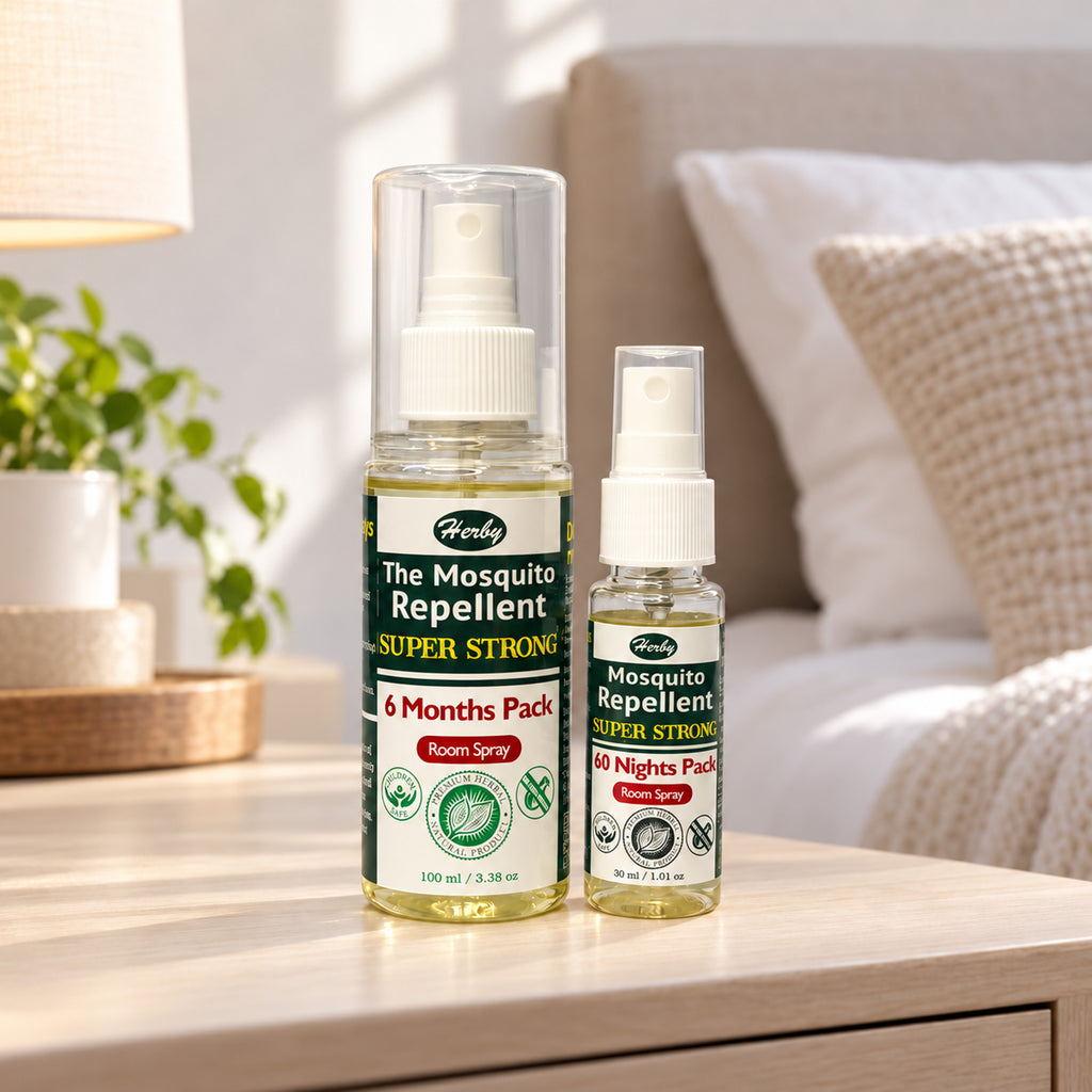 Herby mosquito repellent spray bottles displayed in a bedroom