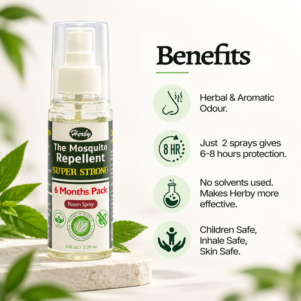 Herby mosquito repellent spray bottle and product benefits