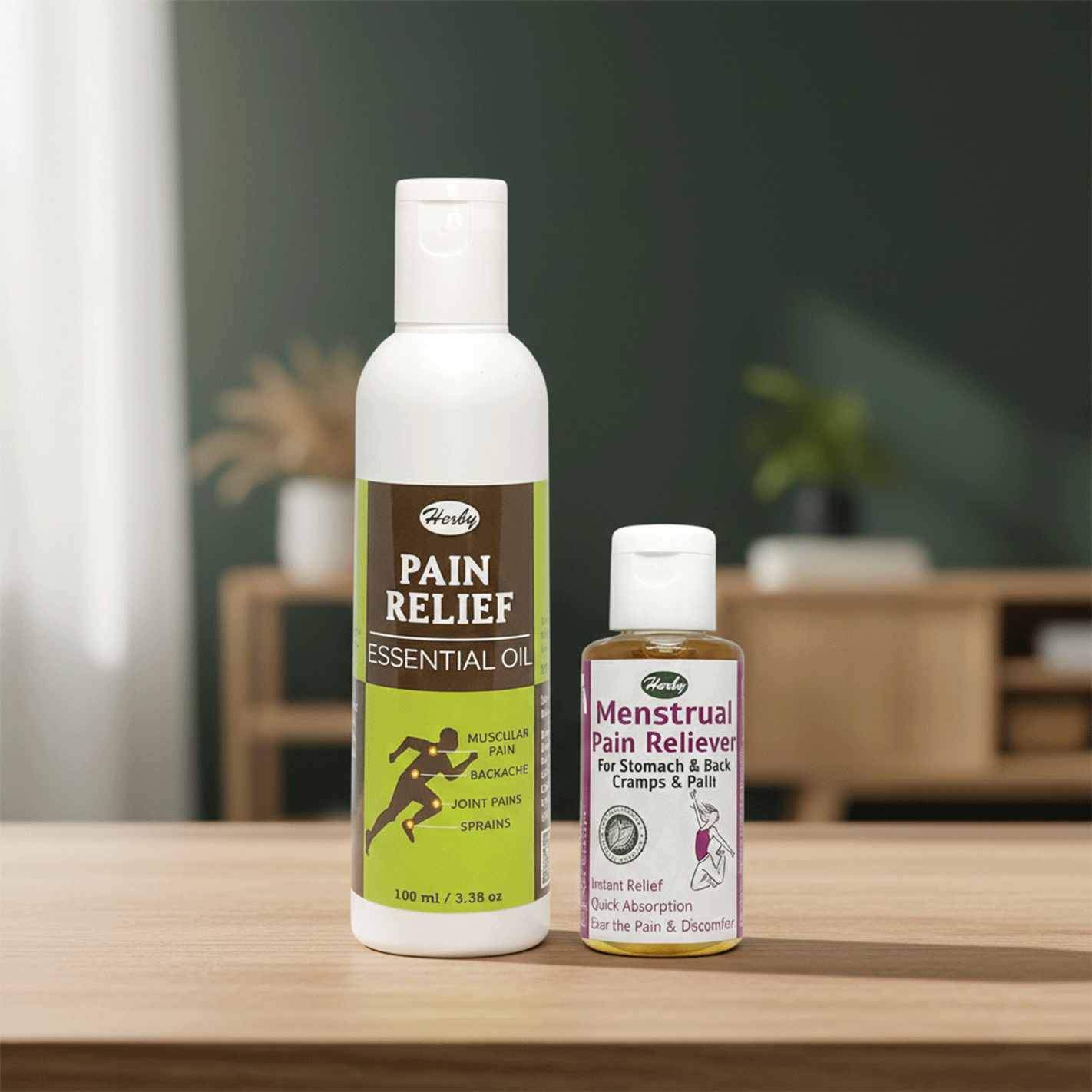 Herby Pain Relief Essential Oil bottle and Menstrual Pain Reliever bottle standing together on a wooden table
