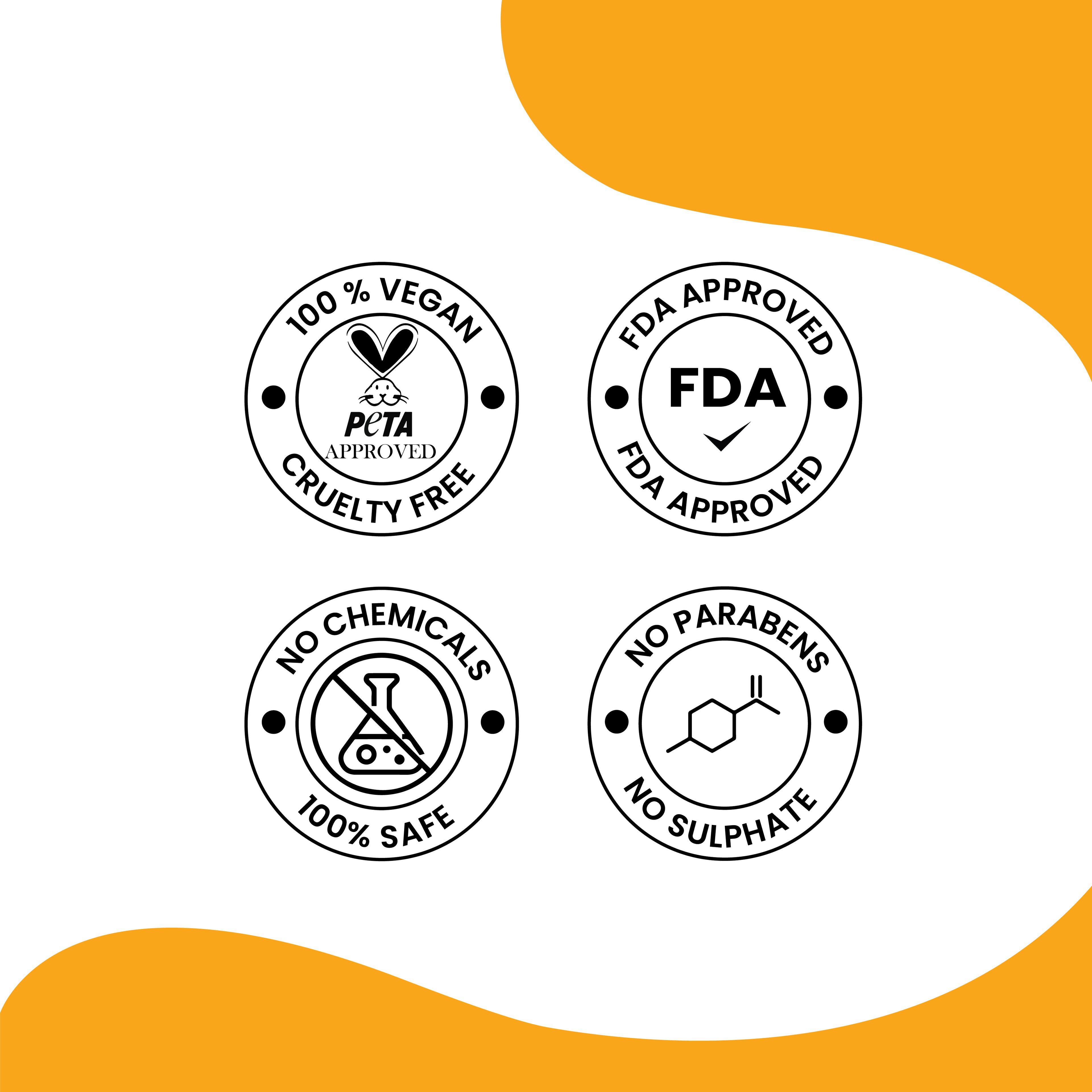 Certification badges for Herby Rose Turmeric mask showing vegan, FDA approved, chemical-free, and paraben-free claims.