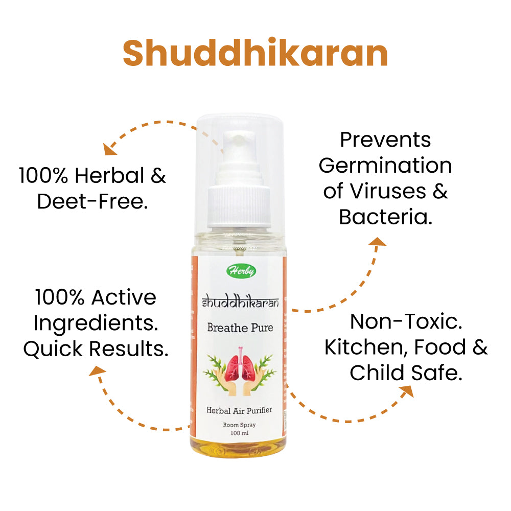 Infographic on Herby Shuddhikaran air purifier showing DEET-free herbal formula that prevents virus and bacteria growth.
