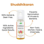 Infographic on Herby Shuddhikaran air purifier showing DEET-free herbal formula that prevents virus and bacteria growth.