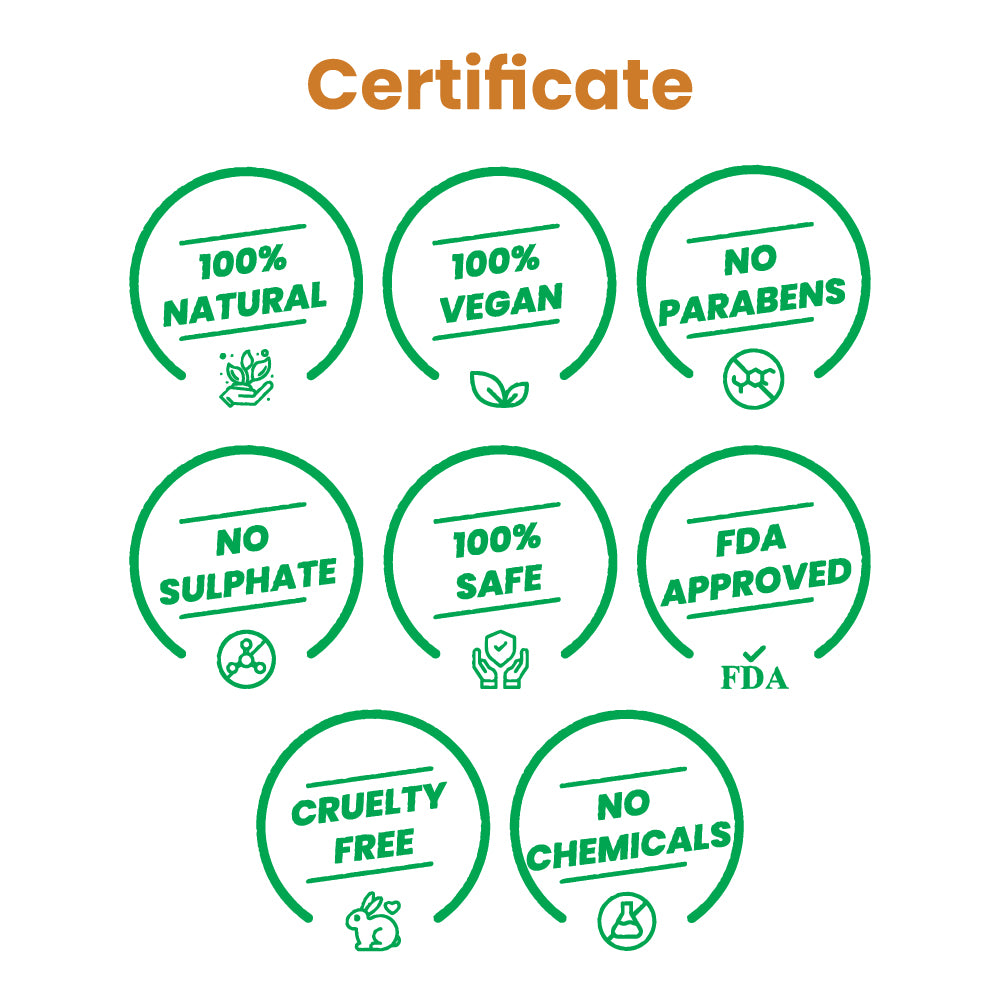 Certificate graphic for Herby Shuddhikaran showing natural, vegan, paraben-free, sulphate-free, and FDA approved claims.