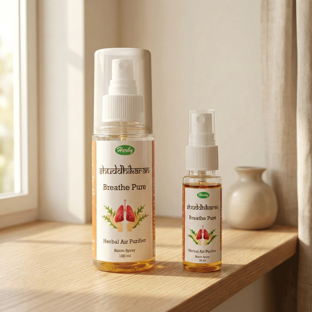 Herby Shuddhikaran Breathe Pure air purifier bottles, 100ml and 30ml sizes, displayed on a sunlit wooden windowsill.