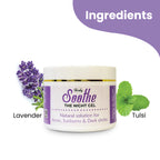 Herby Soothe Night Gel jar shown with lavender flowers and tulsi leaves highlighting its two key natural ingredients.