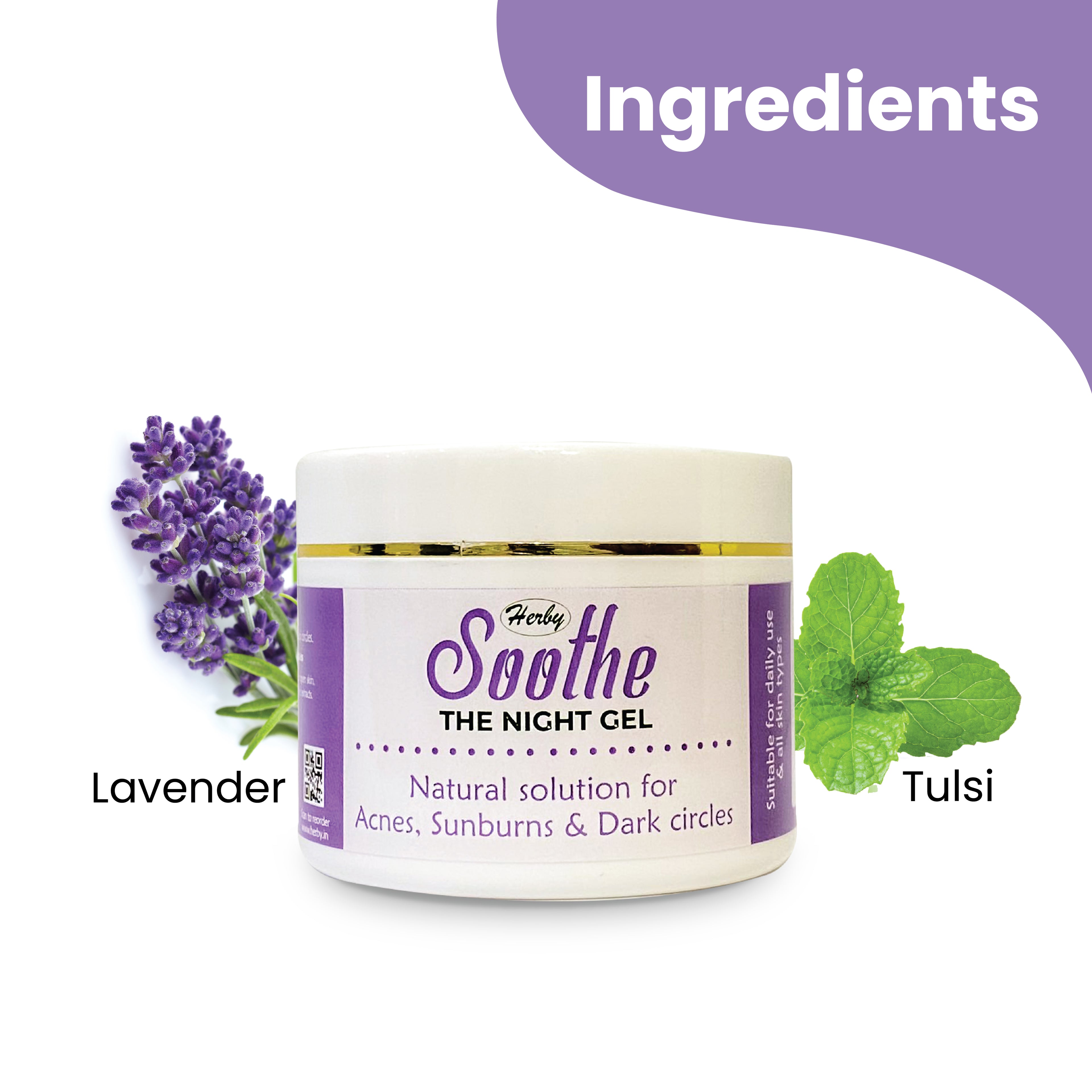 Herby Soothe Night Gel jar shown with lavender flowers and tulsi leaves highlighting its two key natural ingredients.